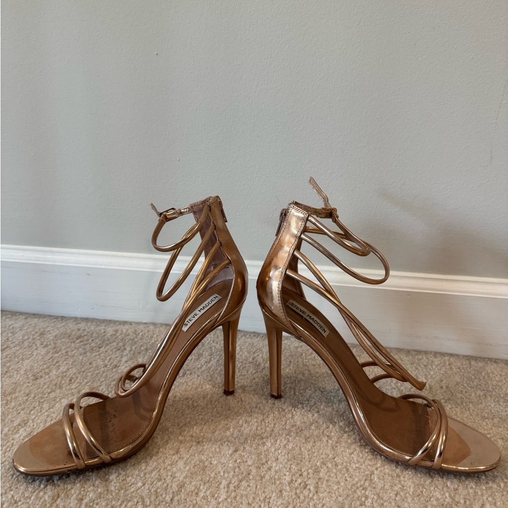Steve Madden Metallic Rose Gold Wrap-Around Stiletto Sandals - Picture 2 of 6